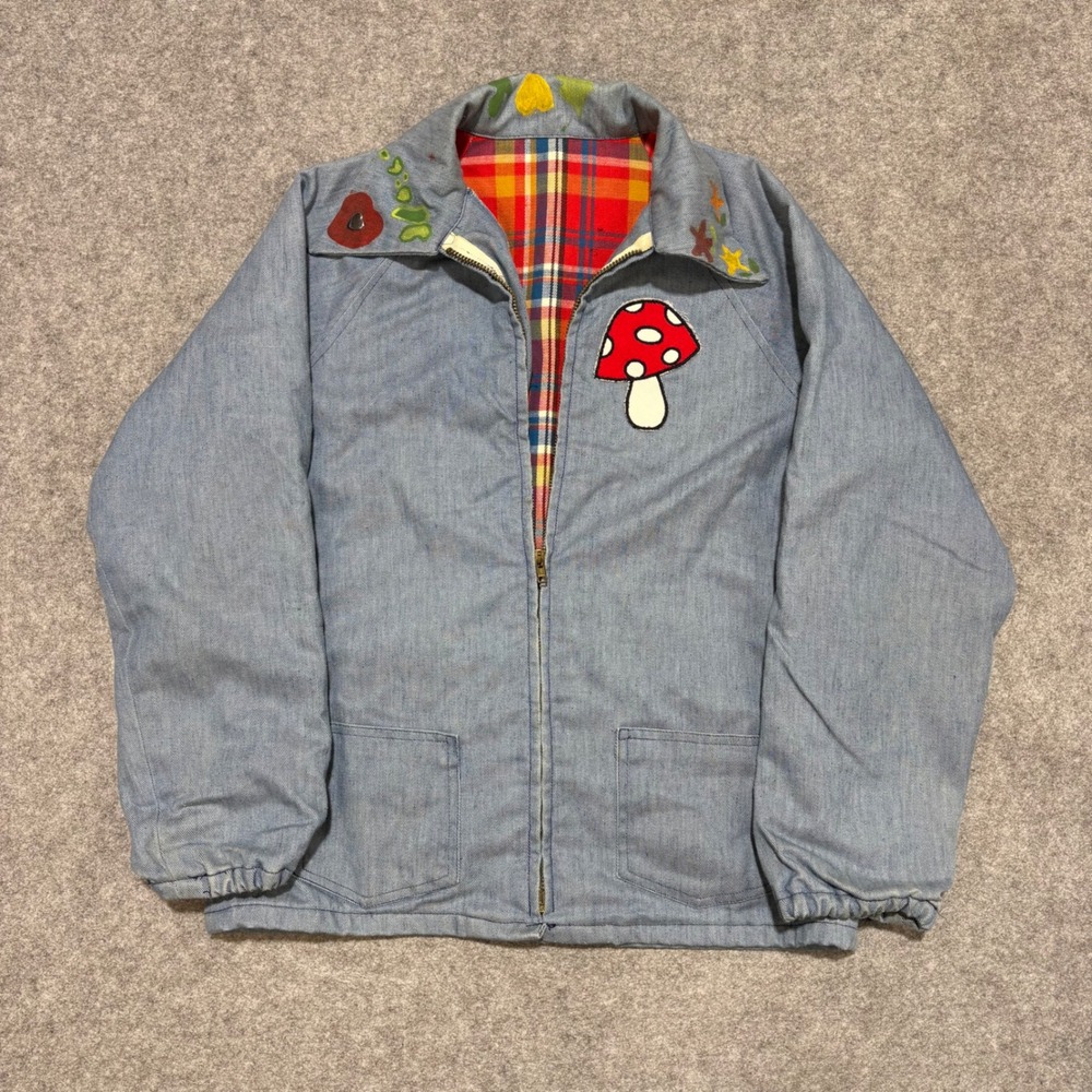 Vintage Mushroom Patch Plaid Lined Denim Jacket Blue Zip Up YMCA Scout Patches